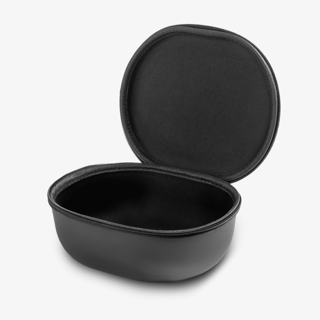 Black oval-shaped open carrying case.